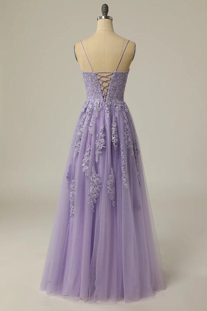 A Line Strapless Light Purple Long Prom Dress with Appliques