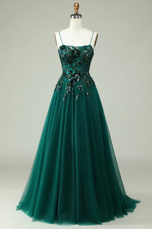 Amzcw A Line Spaghetti Straps Dark Green Corset Prom Dress with Appliques