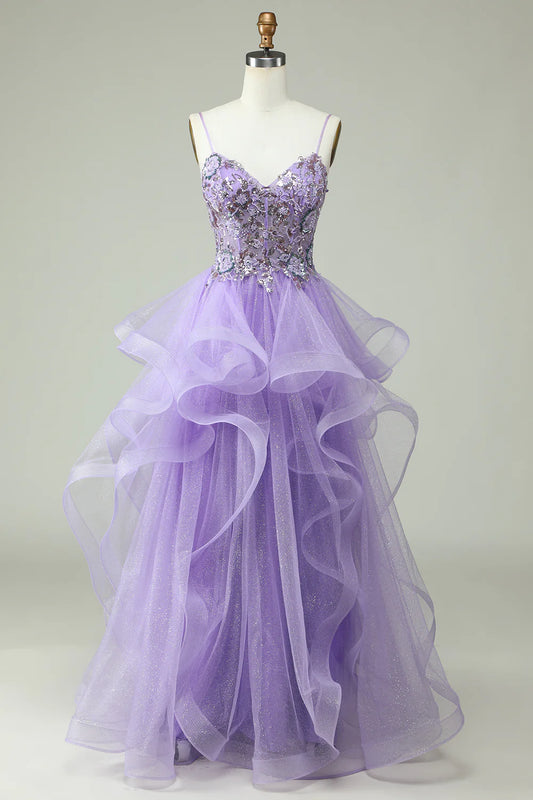 Amzcw A Line Spaghetti Straps Purple Long Prom Dress with Appliques