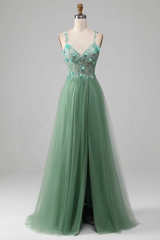 Amzcw Sparkly Green A-Line Spaghetti Straps Corset Prom Dress With Appliques