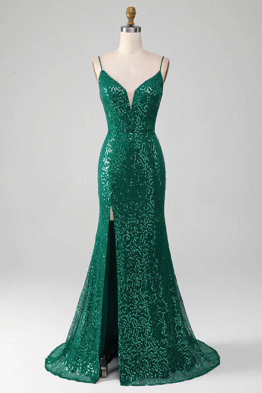 Amzcw Dark Green Mermaid Sparkly Beaded Sequins Long Prom Dress with Slit prom clothing