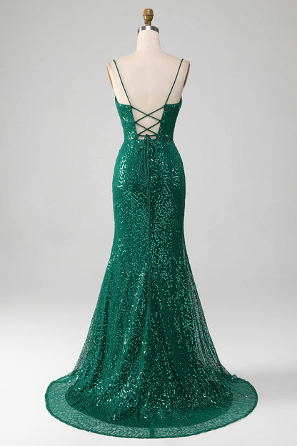 Amzcw Dark Green Mermaid Sparkly Beaded Sequins Long Prom Dress with Slit prom clothing