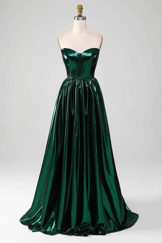 Amzcw Glitter Dark Green A-Line Sweetheart Corset Metallic Long Prom Dress prom dresses with long sleeves