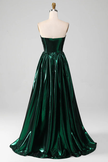 Amzcw Glitter Dark Green A-Line Sweetheart Corset Metallic Long Prom Dress prom dresses with long sleeves