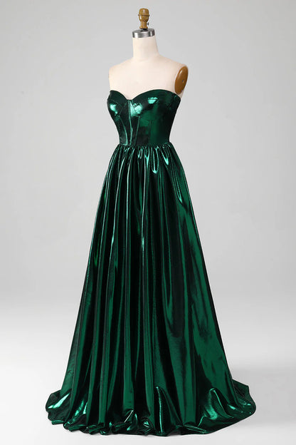 Amzcw Glitter Dark Green A-Line Sweetheart Corset Metallic Long Prom Dress prom dresses with long sleeves