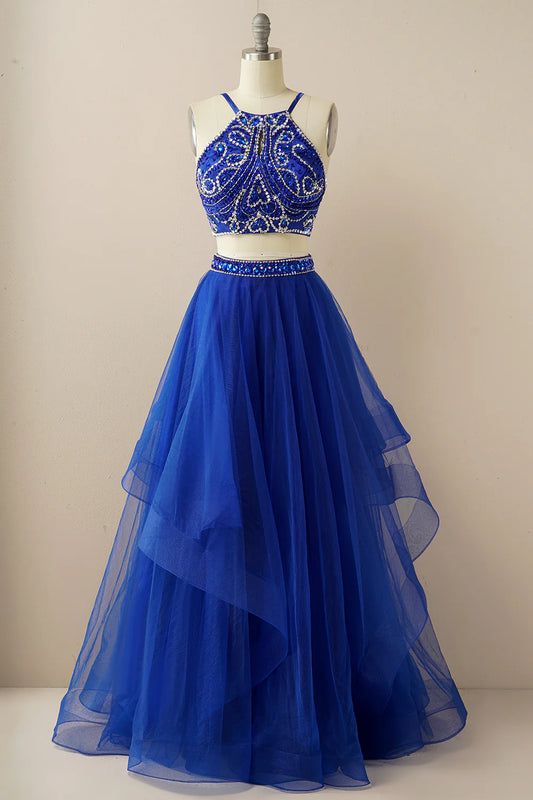 Two Pieces Halter Beaded Prom Dress