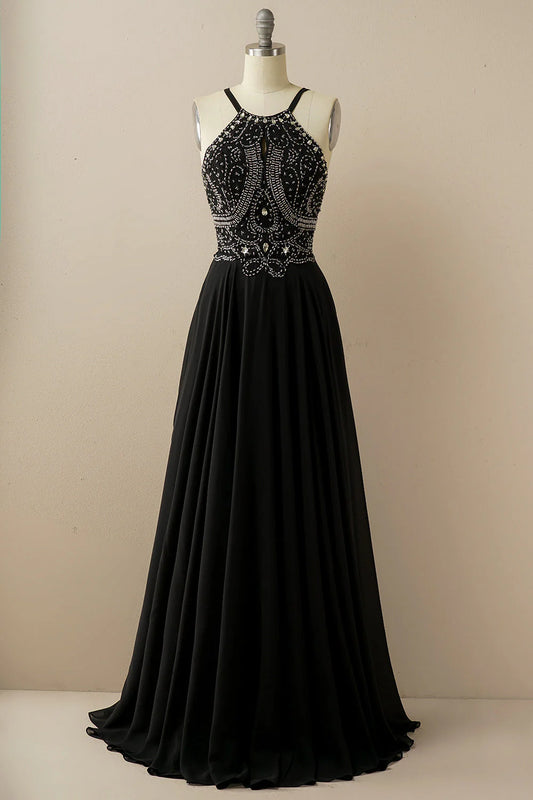 Amzcw Black A Line Halter Beaded Backless Long Prom Dress prom dresses with long sleeves