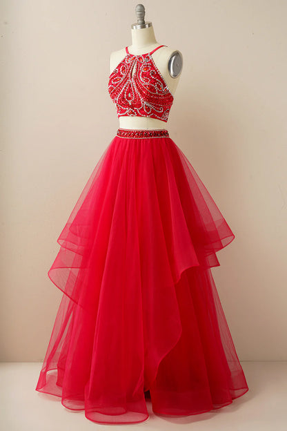 Two Pieces Halter Beaded Prom Dress