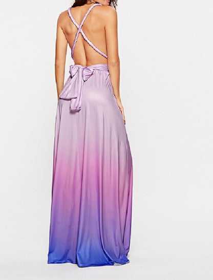 A-Line Ombre Engagement Prom Dress V Neck Backless Crisscross Back Sleeveless Floor Length Jersey with Criss Cross Ruched