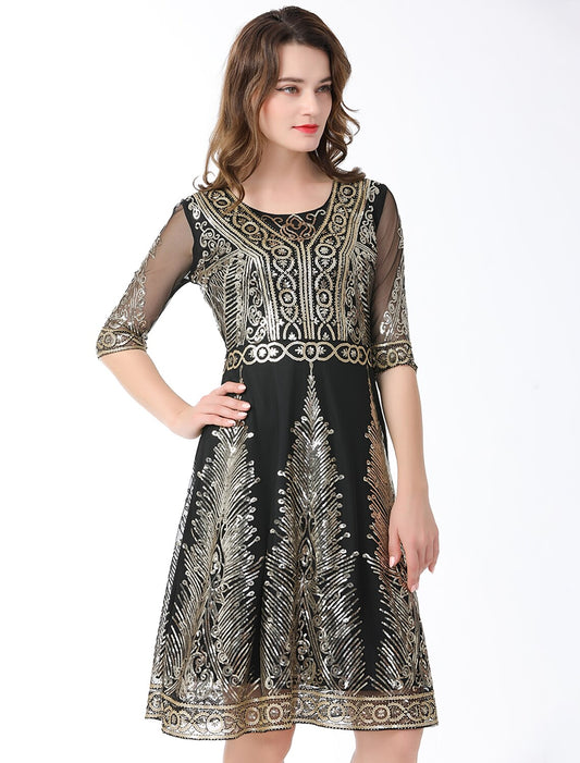 A-Line Elegant Vintage Holiday Party Wear Dress Jewel Neck Half Sleeve Knee Length Cotton Blend with Sequin Splicing