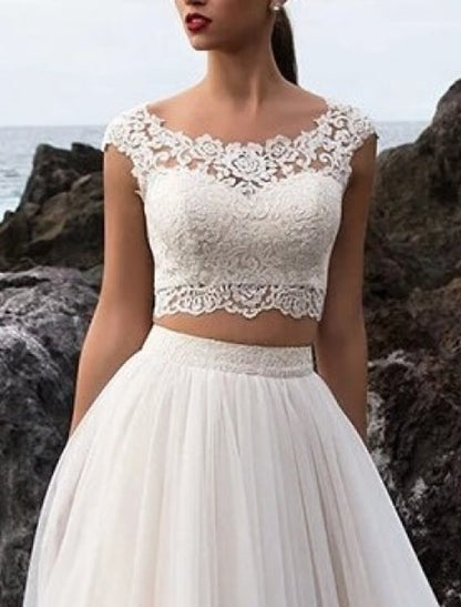 Hall Casual Wedding Dresses Separates Illusion Neck Cap Sleeve Separates Lace Bridal Tops Bridal Gowns With Appliques