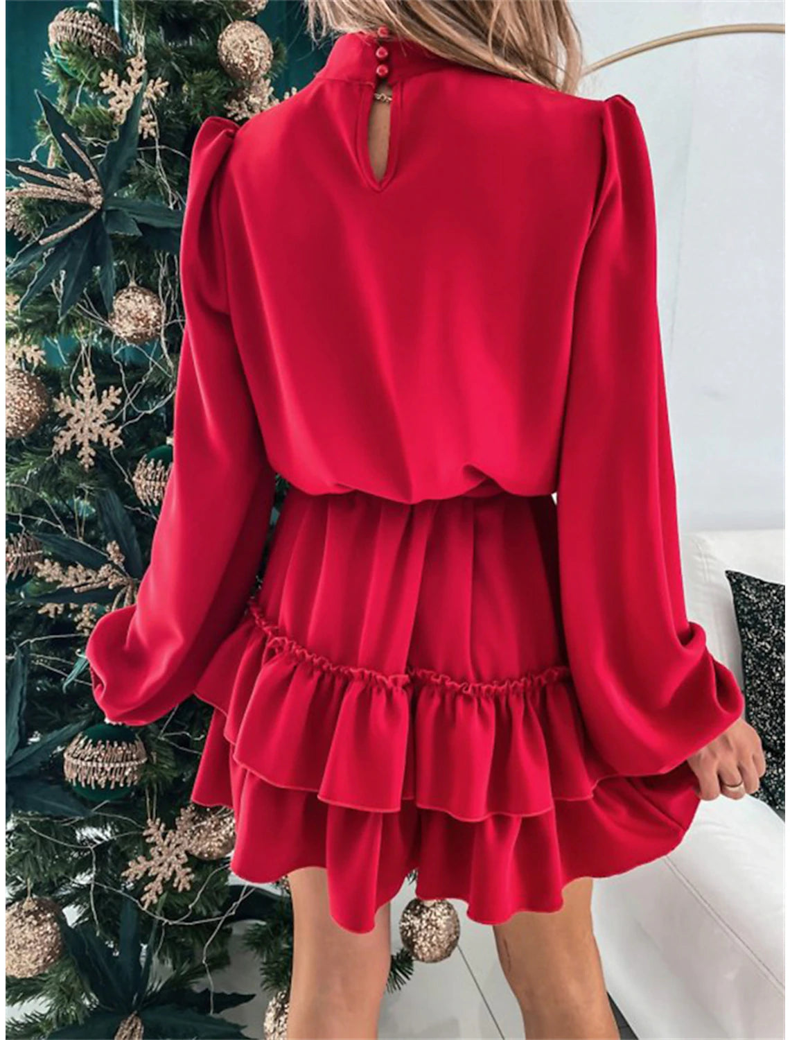 Women's Red Christmas Party Dress Homecoming Dress Cocktail Dress Black Red Green Long Sleeve Lace up Stand Collar Fashion Winter Dress