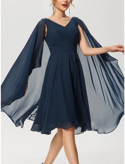 A-Line Wedding Guest Dresses Elegant Cape Dress Formal Fall Knee Length Sleeveless V Neck Chiffon with Pleats Ruched Crystals