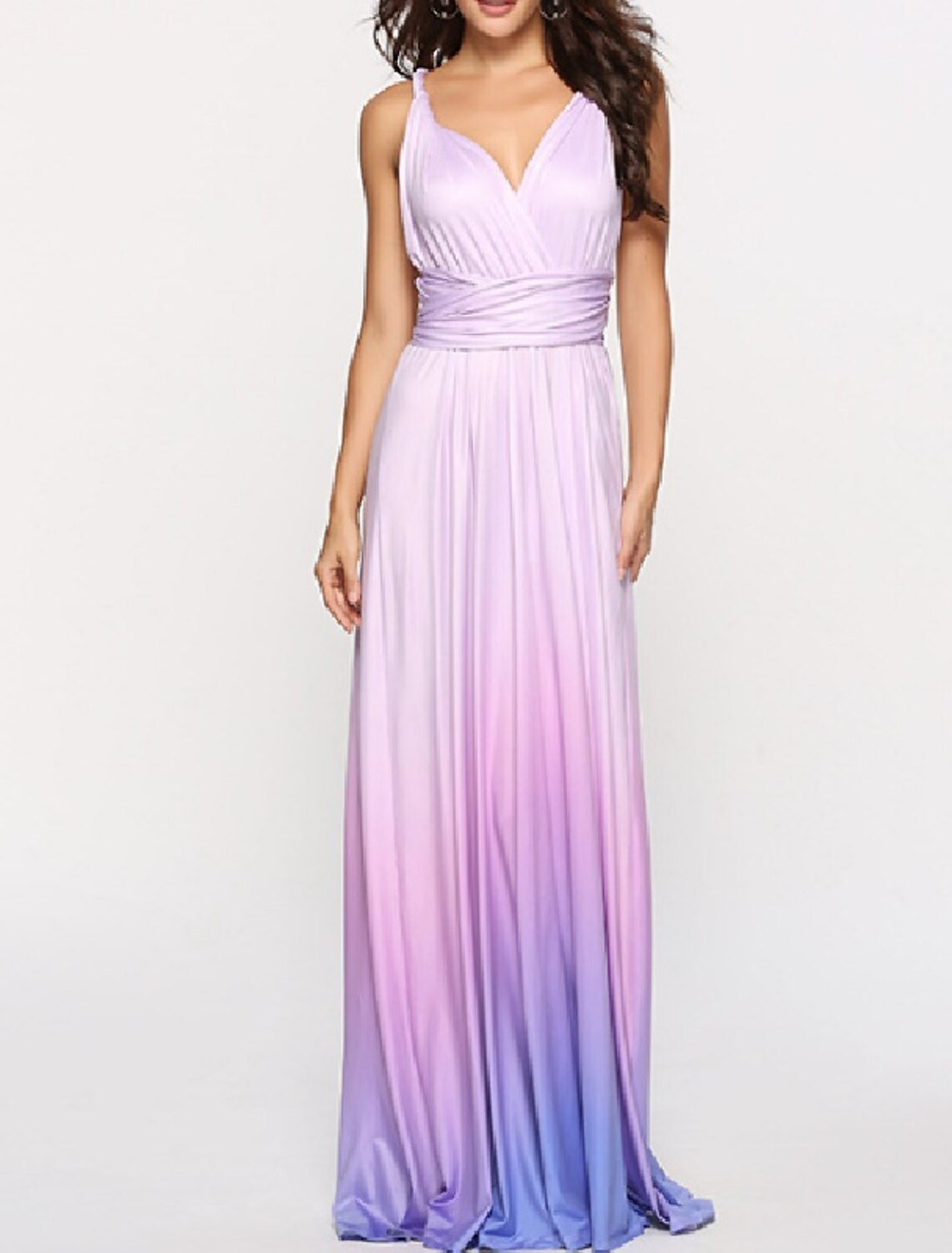 A-Line Ombre Engagement Prom Dress V Neck Backless Crisscross Back Sleeveless Floor Length Jersey with Criss Cross Ruched