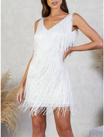 Women‘s Sequin Dress Fringe Dress Pink Sequin Dress Party Dress Sparkly Dress Black Dress Homecoming Mini Dress Silver Black White Sleeveless Sparkly Glitter Winter V Neck Fashion