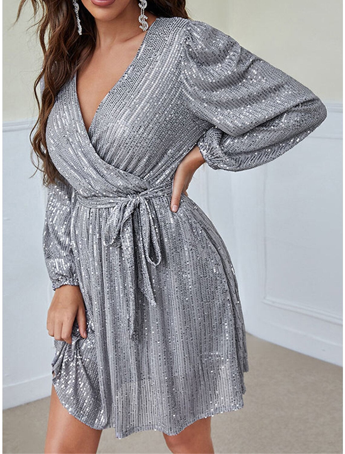 Women's Sequin Dress Christmas Party Dress Homecoming Dress Mini Dress Silver Red Blue Long Sleeve Pure Color Lace up Spring Fall Winter V Neck Fashion Winter Dress Wedding Guest