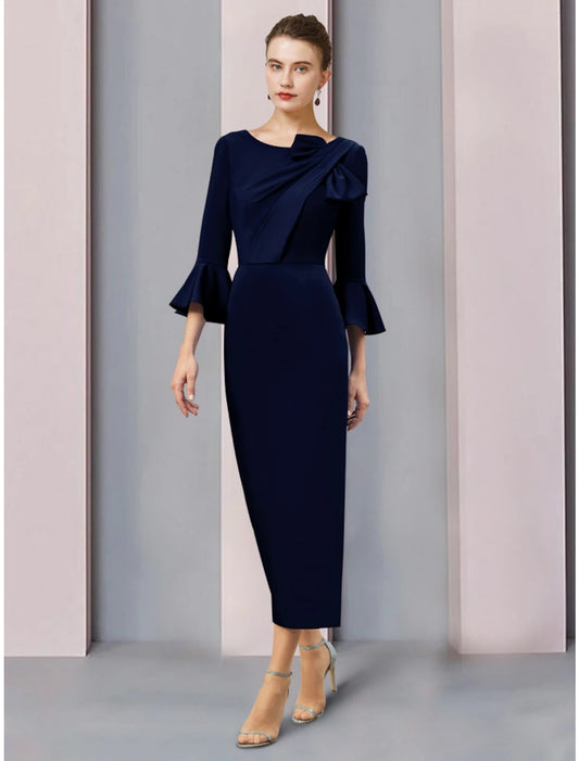 A-Line Mother of the Bride Dress Wedding Guest Elegant Scoop Neck Ankle Length Stretch Fabric 3/4 Length Sleeve with Bow(s) Ruching Solid Color