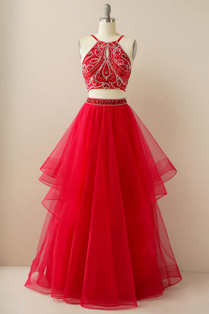 Two Pieces Halter Beaded Prom Dress