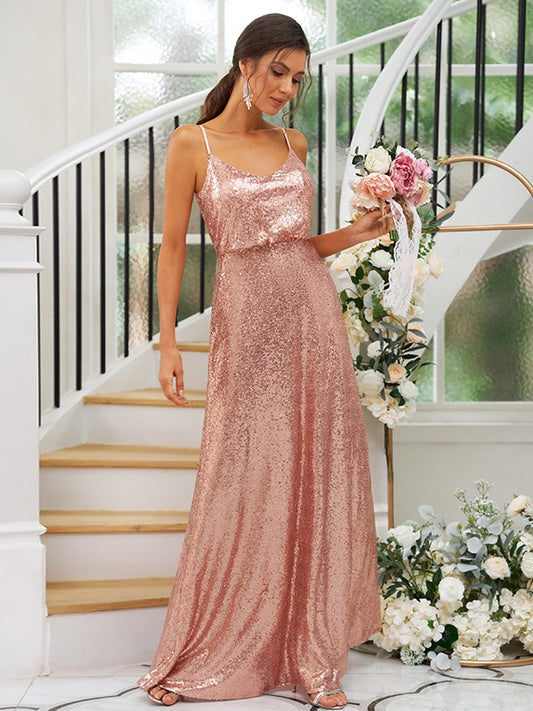 A-Line/Princess Sequins Ruched Straps Sleeveless Floor-Length Bridesmaid Dresses