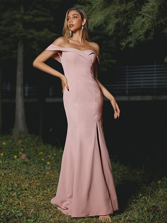 Sheath/Column Stretch Crepe Ruffles Off-the-Shoulder Sleeveless Sweep/Brush Train Bridesmaid Dresses