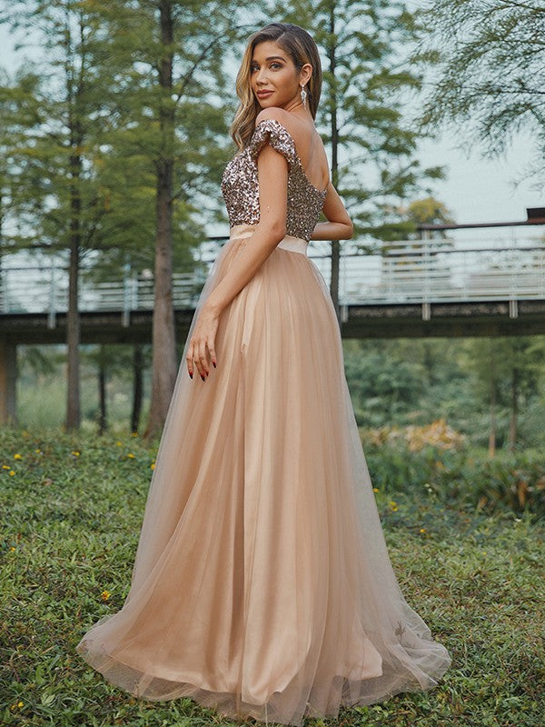 A-Line/Princess Tulle Sequin Off-the-Shoulder Sleeveless Floor-Length Bridesmaid Dresses