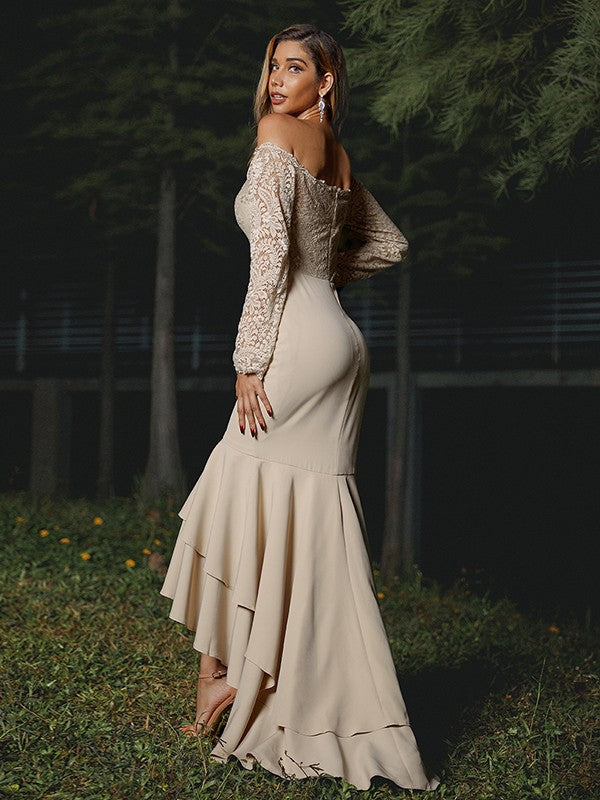 Trumpet/Mermaid Stretch Crepe Lace Off-the-Shoulder Long Sleeves Asymmetrical Bridesmaid Dresses