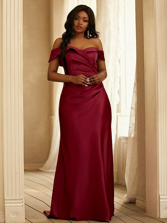 Sheath/Column Satin Ruched Off-the-Shoulder Sleeveless Sweep/Brush Train Bridesmaid Dresses