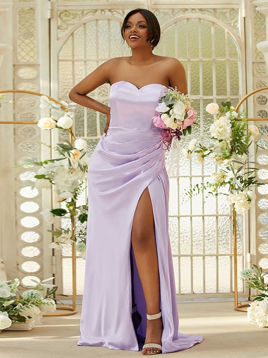 Sheath/Column Silk like Satin Ruched Sweetheart Sleeveless Sweep/Brush Train Bridesmaid Dresses