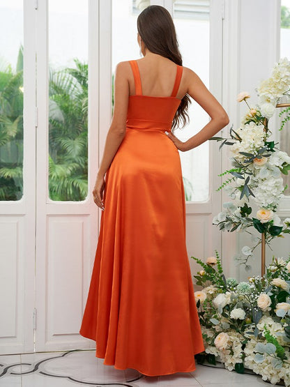 A-Line/Princess Silk like Satin Ruffles V-neck Sleeveless Ankle-Length Bridesmaid Dresses