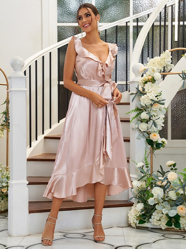 A-Line/Princess Silk like Satin Ruffles V-neck Sleeveless Tea-Length Bridesmaid Dresses