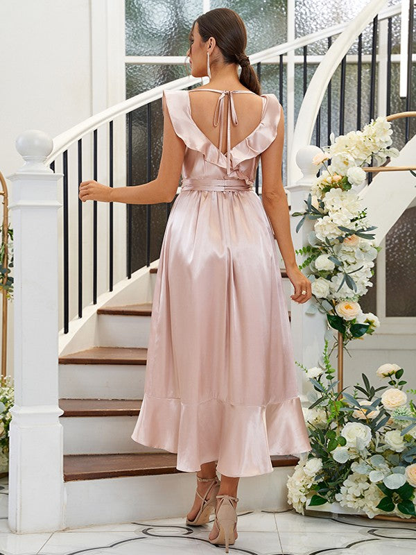 A-Line/Princess Silk like Satin Ruffles V-neck Sleeveless Tea-Length Bridesmaid Dresses