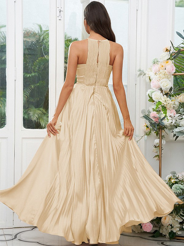 A-Line/Princess Silk like Satin Ruffles Halter Sleeveless Floor-Length Bridesmaid Dresses