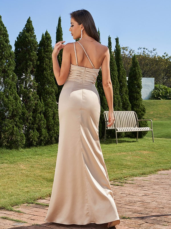 Sheath/Column Charmeuse Ruched One-Shoulder Sleeveless Floor-Length Bridesmaid Dresses