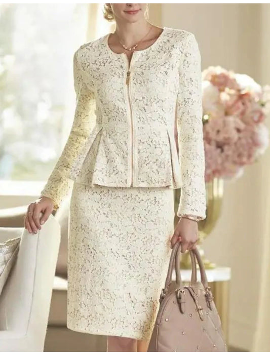 Two Piece Sheath / Column Mother of the Bride Dress Wedding Guest Party Elegant Winter With Jacket Long Sleeve Scoop Neck Knee Length Lace Solid Color