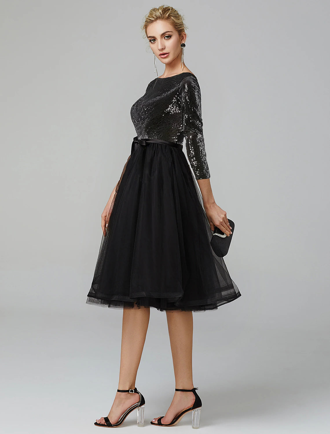 A-Line Cocktail Dresses Sparkle & Shine Dress Formal Tea Length 3/4 Length Sleeve Jewel Neck Fall Wedding Guest Tulle with Sequin Strappy