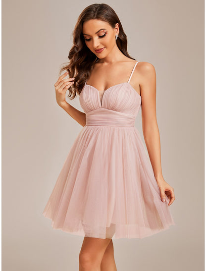 A-Line Homecoming Dresses Princess Dress Cocktail Party Short / Mini Sleeveless Spaghetti Strap Tulle with Ruched