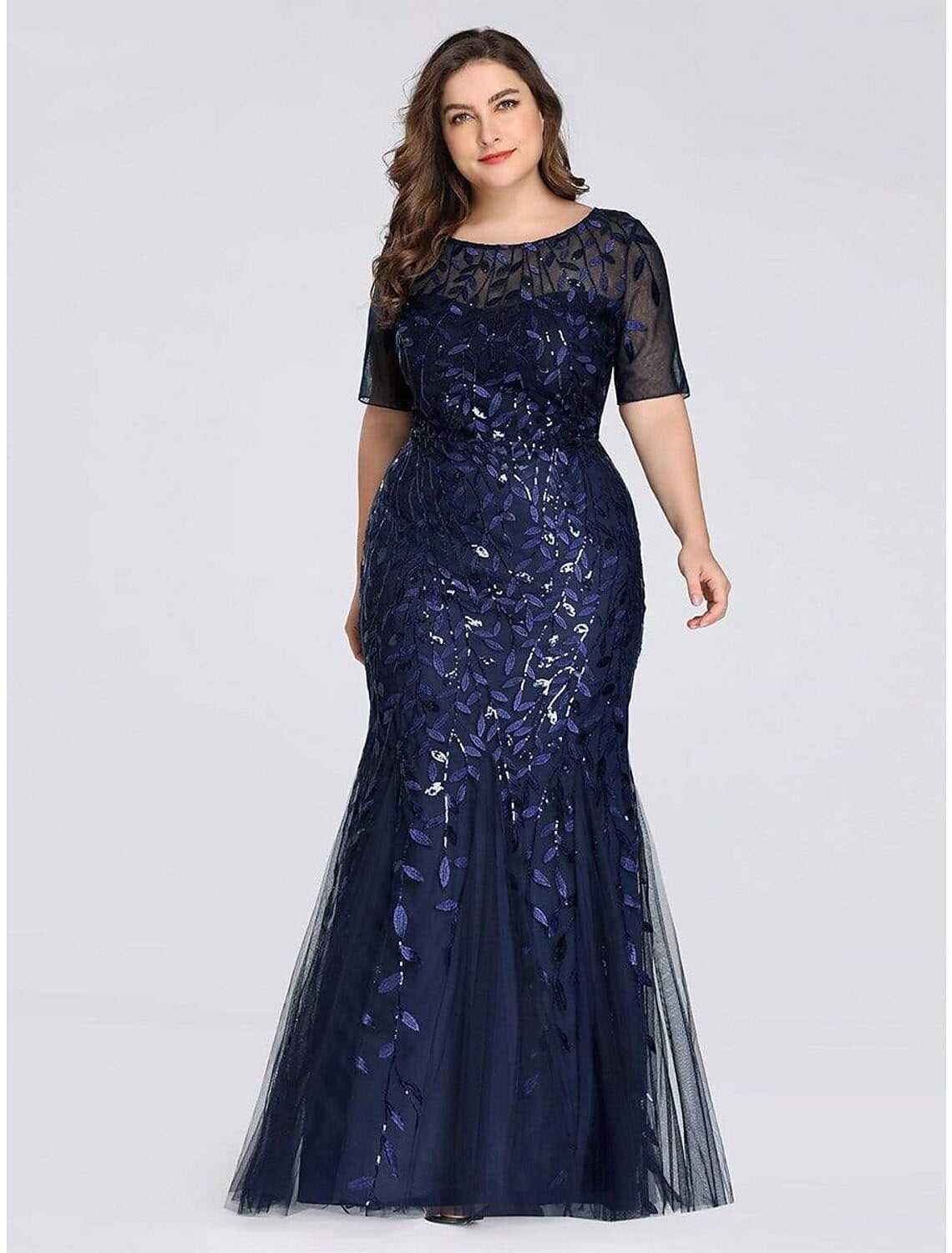 Mermaid / Trumpet Empire Elegant Party Wear Formal Evening Dress Jewel Neck Short Sleeve Floor Length Tulle with Embroidery