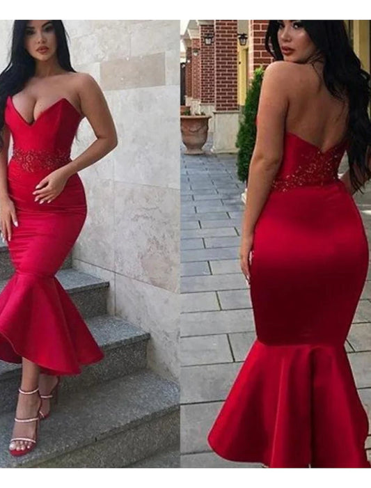 Mermaid / Trumpet Party Dresses Backless Dress Homecoming Ankle Length Sleeveless V Neck Italy Satin Backless with Appliques