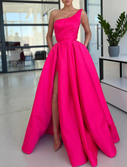 A-Line Prom Dresses Party Dress Formal Wedding Guest Sweep / Brush Train Sleeveless One Shoulder Satin with Ruched Slit