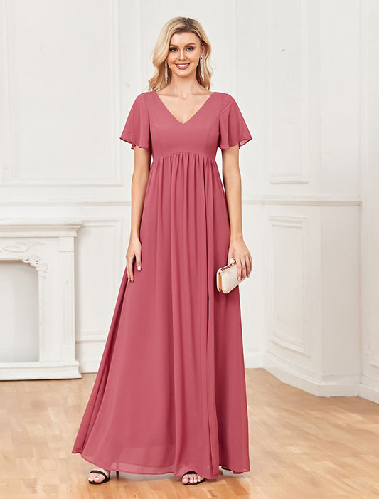 A-Line Evening Gown Empire Dress Party Wear Floor Length Short Sleeve V Neck Chiffon V Back with Slit