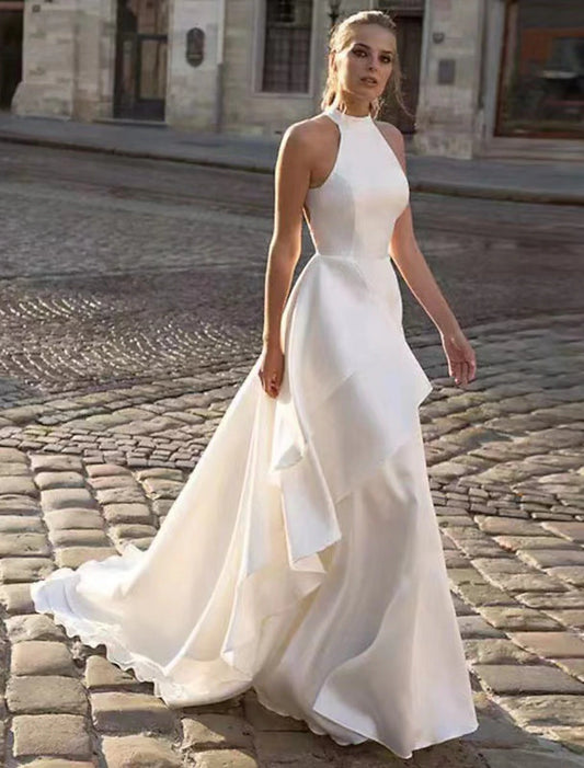 Reception Open Back Casual Wedding Dresses A-Line Halter Sleeveless Court Train Satin Bridal Gowns With Solid Color Summer Fall Wedding Party