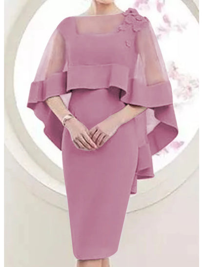 Sheath / Column Mother of the Bride Dress Elegant Square Neck Knee Length Satin Tulle 3/4 Length Sleeve with Appliques