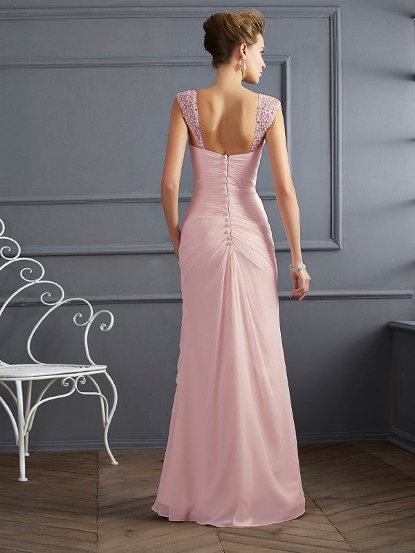 Sheath/Column Straps Sleeveless Beading Long Chiffon Dresses