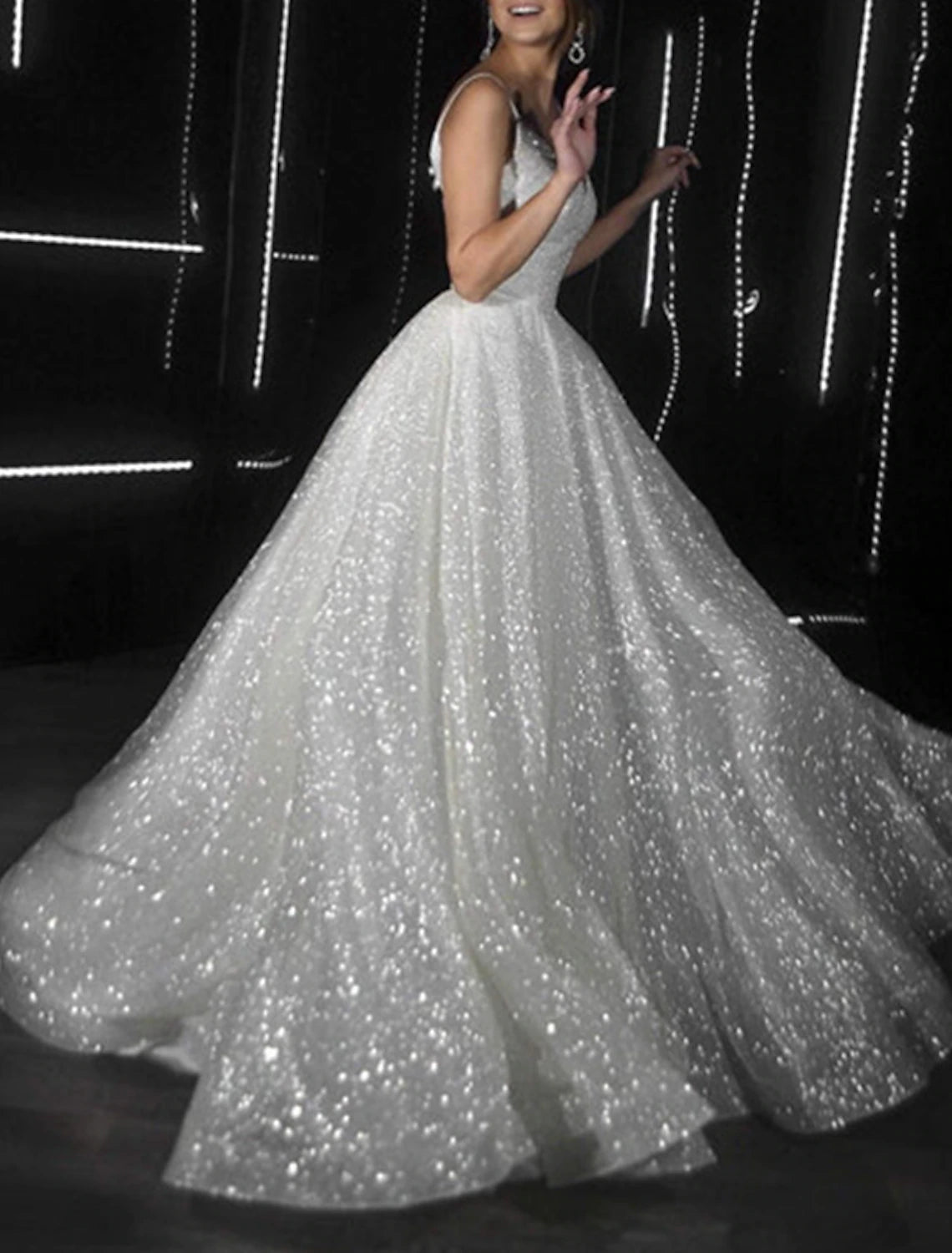 Ball Gown Prom Dresses Glittering Dress Wedding Party Birthday Court Train Sleeveless Spaghetti Strap Tulle with Sequin