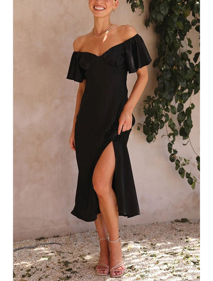 A-Line Wedding Guest Dresses Party Dress Wedding Birthday Ankle Length Short Sleeve Off Shoulder Satin with Ruffles Slit