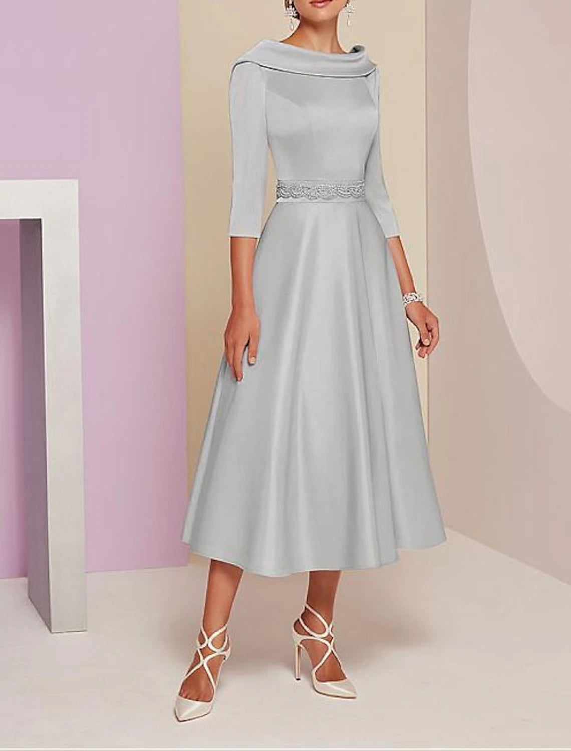 A-Line Mother of the Bride Dress Wedding Guest Vintage Plus Size Elegant Bateau Neck Tea Length Satin 3/4 Length Sleeve with Beading