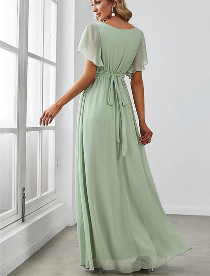 A-Line Wedding Guest Dresses Empire Dress Birthday Floor Length Short Sleeve V Neck Belt / Sash Chiffon with Ruched Ruffles Strappy