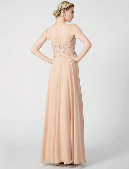 A-Line Classic & Timeless Keyhole Pastel Colors Holiday Cocktail Party Prom Dress Illusion Neck Sleeveless Floor Length Chiffon Beaded Lace with Pleats Appliques