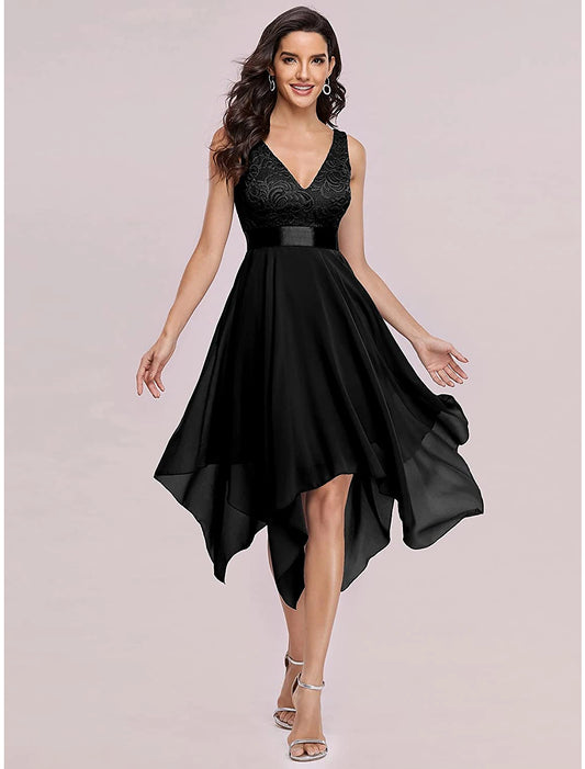 A-Line Cocktail Dresses Party Dress Homecoming Asymmetrical Sleeveless V Neck Chiffon V Back with Pure Color Splicing