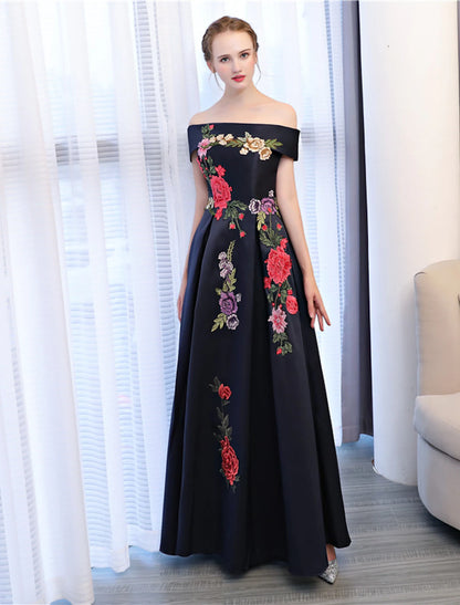 A-Line Floral Dress Wedding Guest Formal Evening Floor Length Sleeveless Off Shoulder Satin with Embroidery Appliques